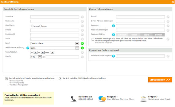 Das Betsson Registrierungsformular
