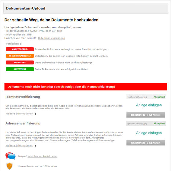 Der Dokumenten-Upload von Betsson