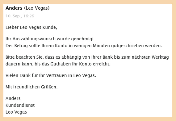 Stadardisierte E-Mail von LeoVegas vor einer Auszahlung