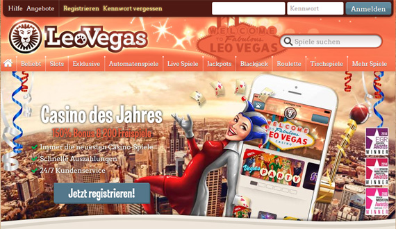 Screenshot der LeoVegas Homepage