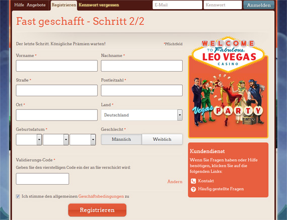 Registrierungsformular (Schritt 2) von LeoVegas